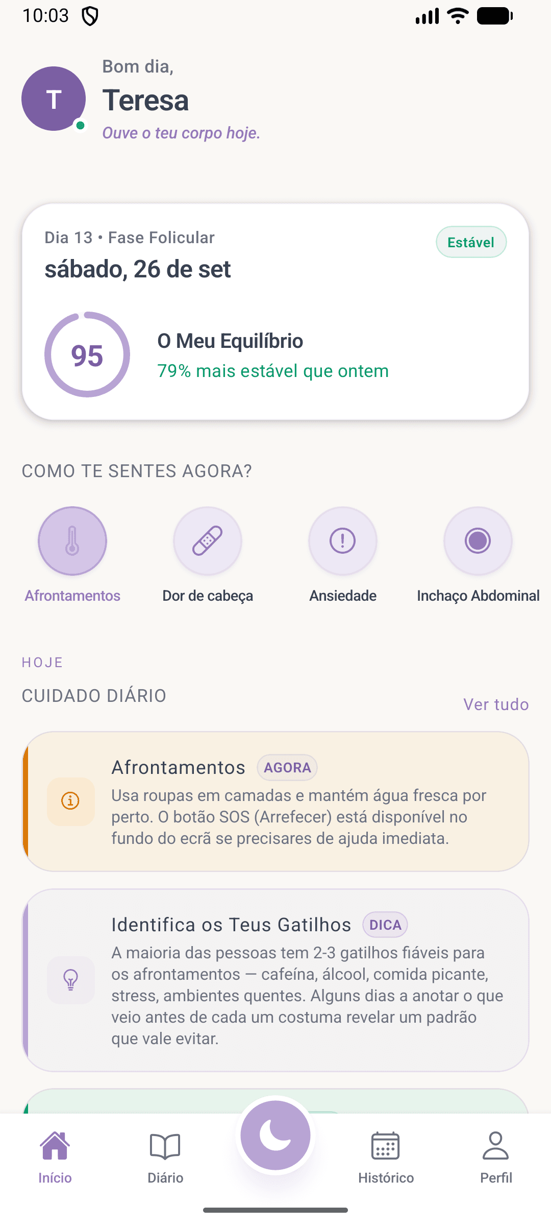 Ecrã inicial da Jaci com o índice de bem-estar do dia e o registo rápido de sintomas